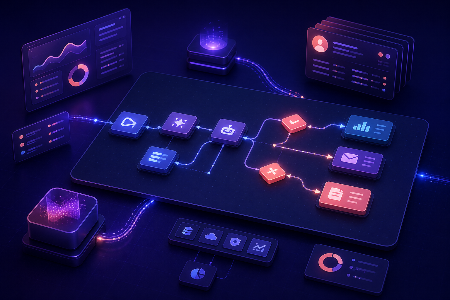 AI hub connecting workflow, calls, email, content and forecasts